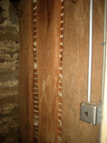 19 Lathing and plaster on wall at foot of attic stairs in Washband Tavern 10-20-14.jpg