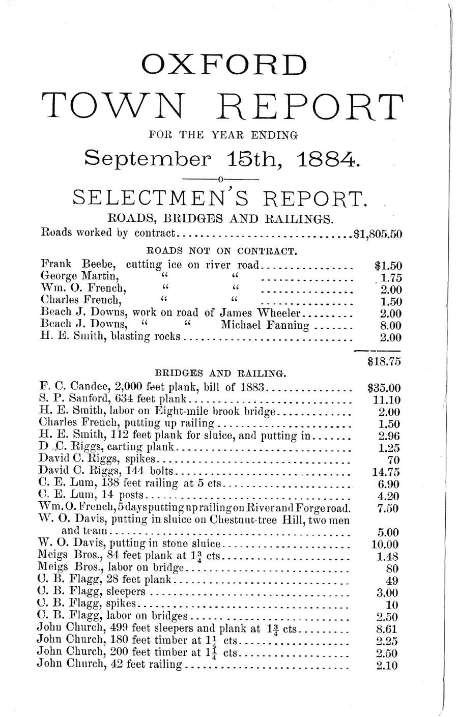Oxford Town Report for year ending September 15th, 1884 - Page 1