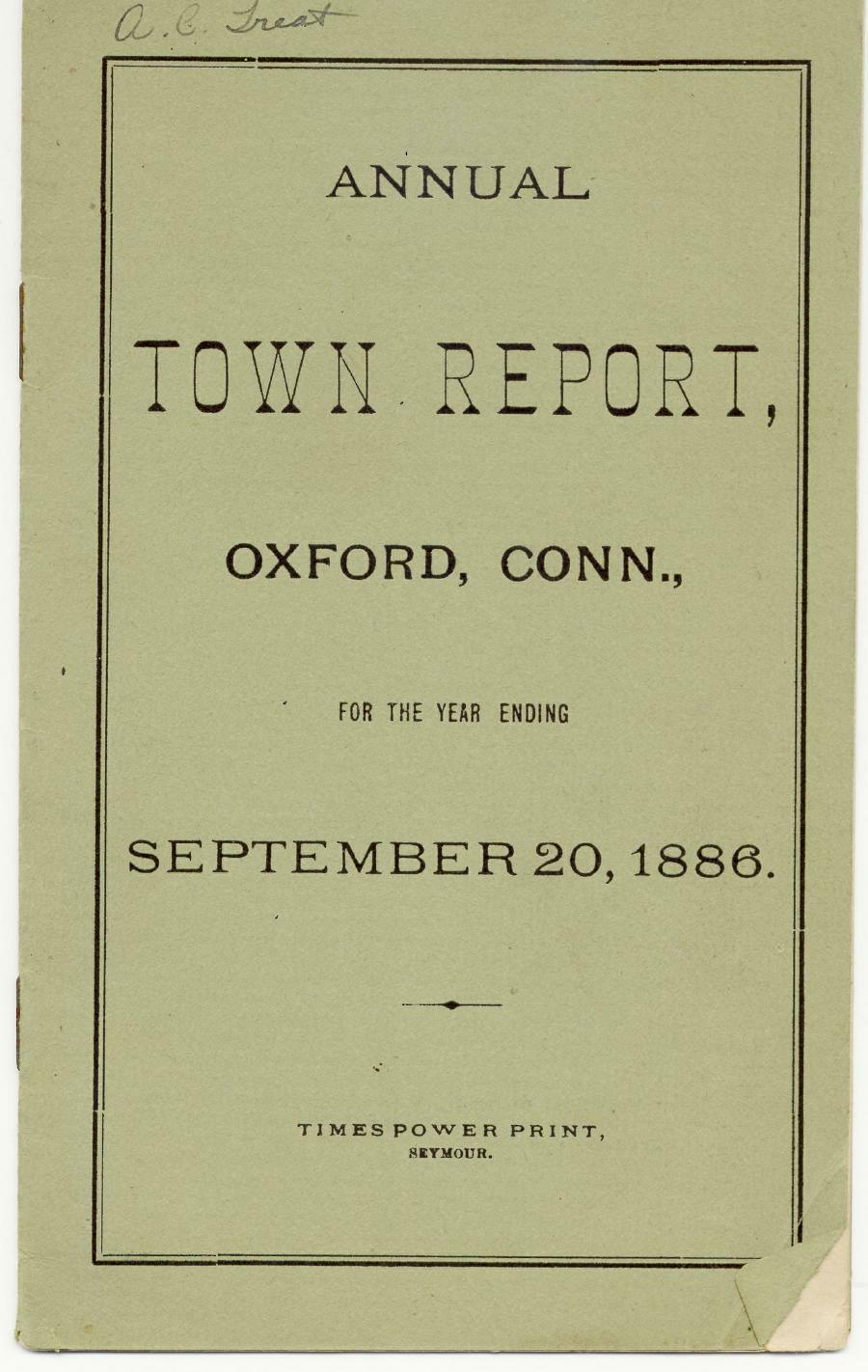 Oxford Town Report for year ending September 20, 1886 - Cover