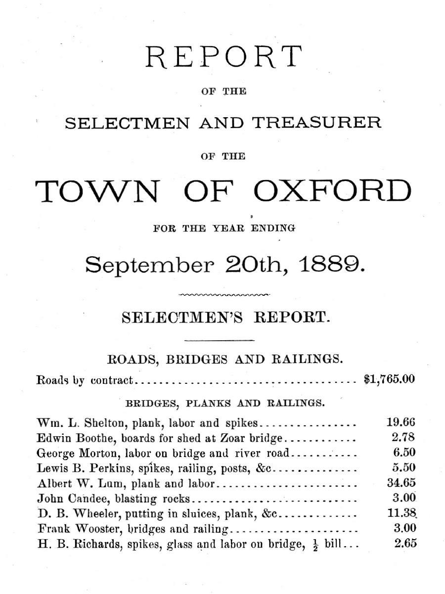 Oxford Town Report for year ending September 20. 1889 - Page 1