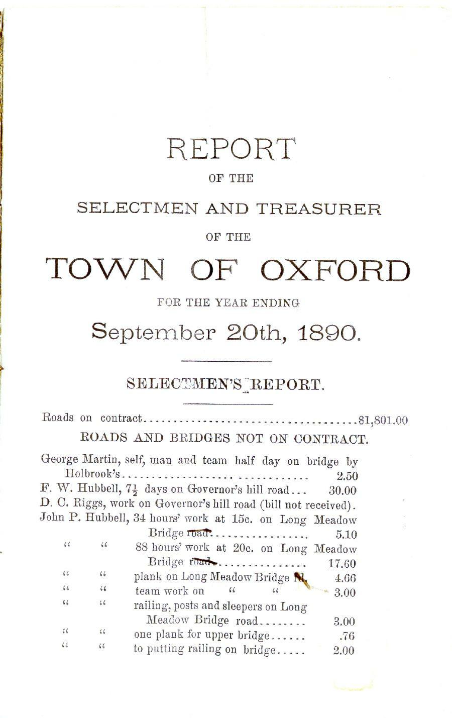 Oxford Town Report for year ending September 20, 1890 - Page 1