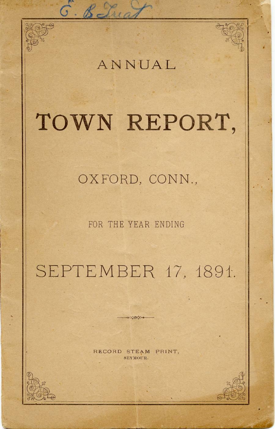 Oxford Town Report for year ending September 17, 1891 - Cover