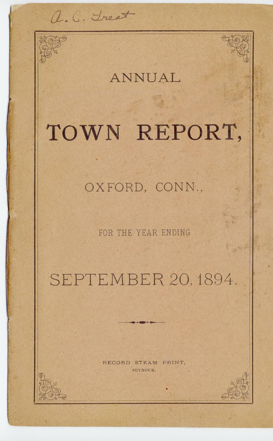 Oxford Town Report for year ending September 20, 1894 - Cover