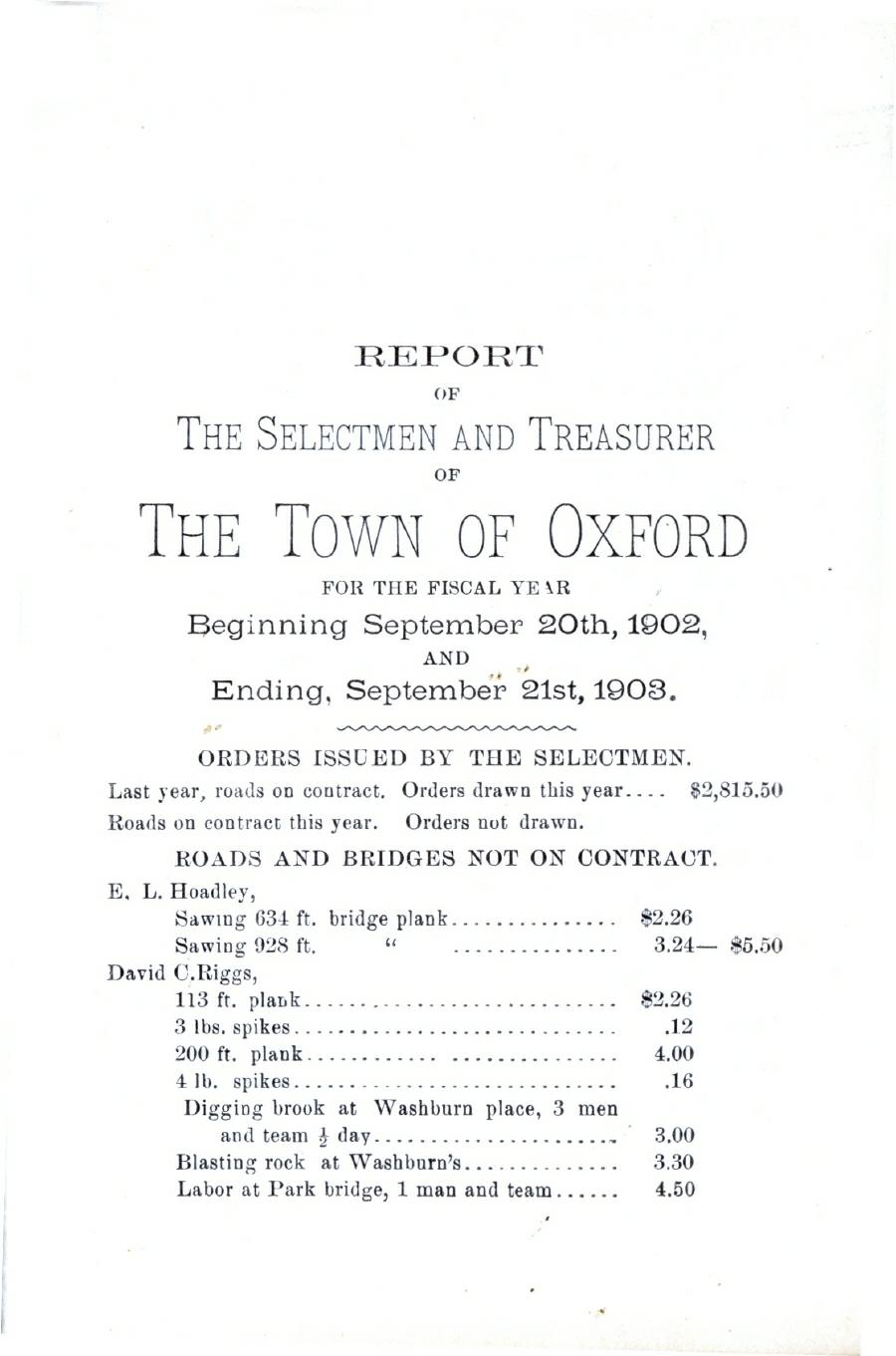 Oxford Town Report for year ending September 21, 1903 - Page 1