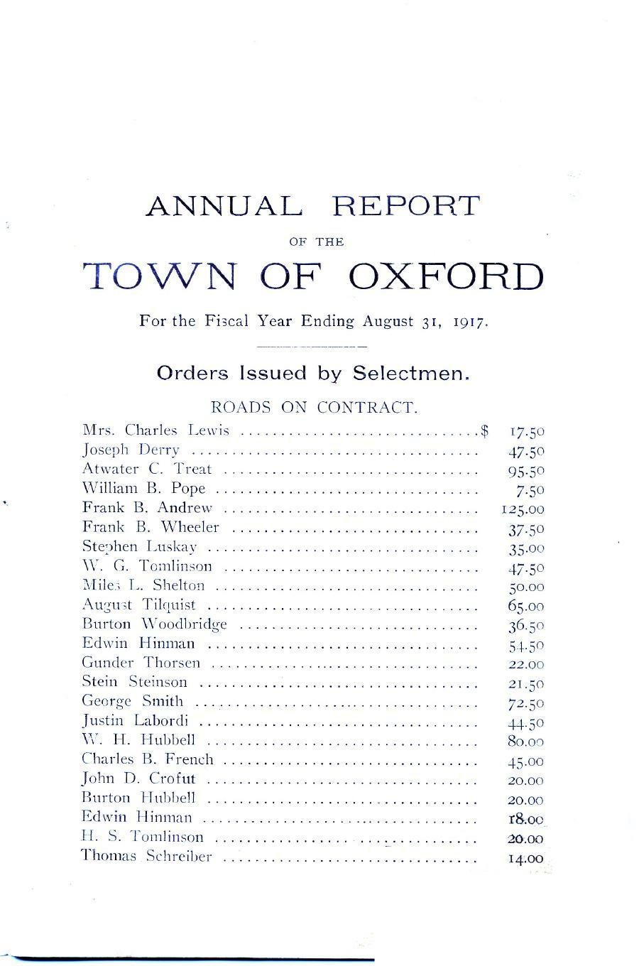 Oxford Town Report for year ending August 31, 1917 - Page 1