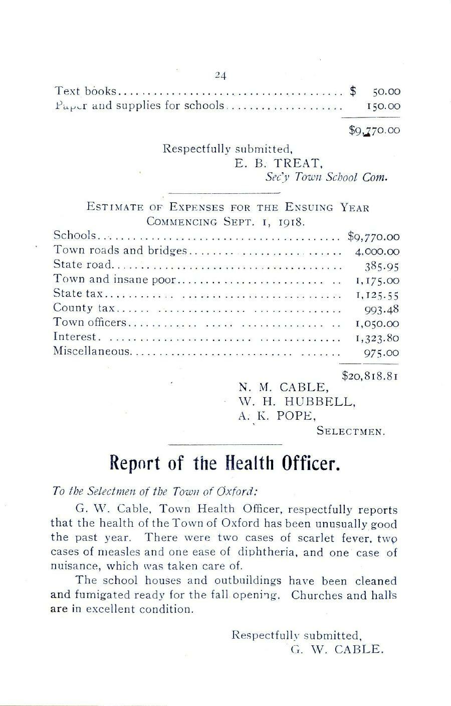 Oxford Town Report for year ending August 31, 1918 - Page 24