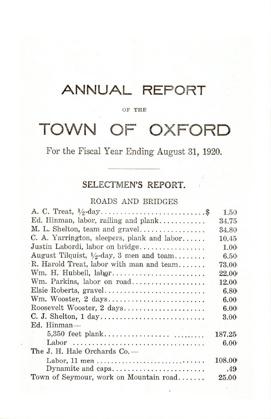 Oxford Town Report for year ending August 31, 1920 - Page 1
