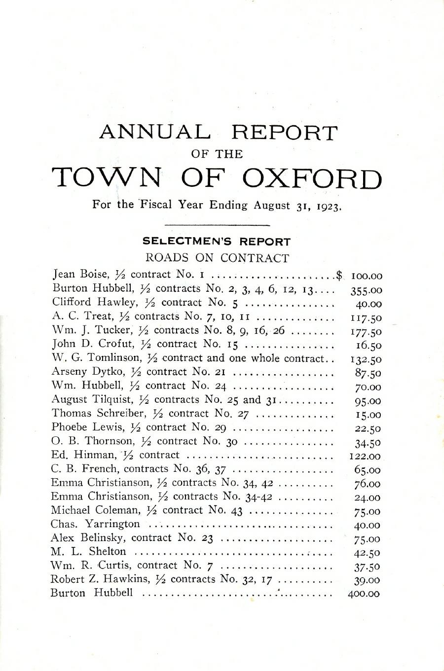 Oxford Town Report for year ending August 31, 1923 - Page 1