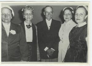 Bertha Frances 'Bird' (Chatfield) Bradfield, Mary Luella 'Dimp' (Chatfield) Markham, Donald Lester Francis 'Ted' Chatfield, Mabel Elizabeth 'Dolly' (Chatfield) Daly, Helen Gertrude 'Ha' (Chatfield) Everett, children of Frederick Seymour Chatfield and Frances Elizabeth Riddle, taken abt. 1955.